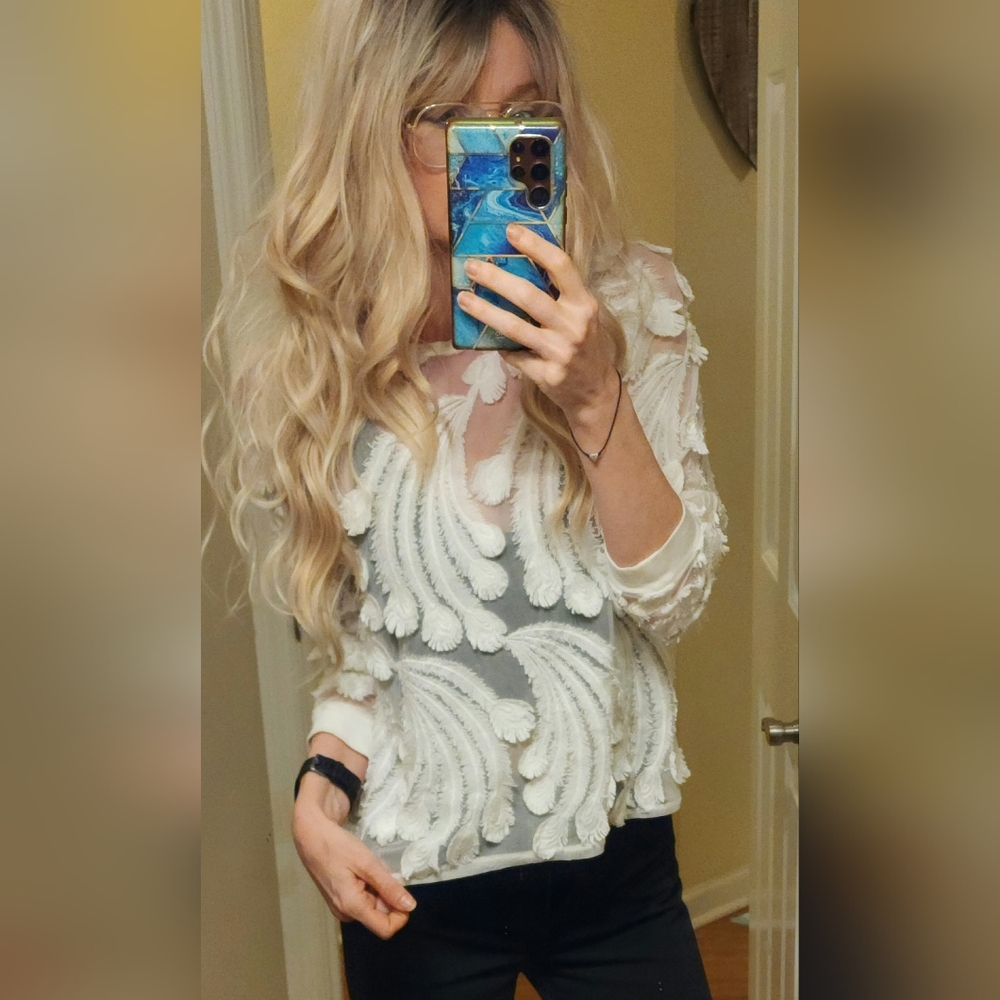 Anthropologie White Textured Feathered Blouse
